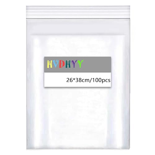 HVDHYY 26X38cm A4 Druckverschlussbeutel Groß Transparente Reißverschlusstaschen 100pcs 160µm Verdickung Polybeutel Tüte Verschlussbeutel Wiederverschließbar Anwendbar Bastelbedarf Kleideraufbewahrung von HVDHYY