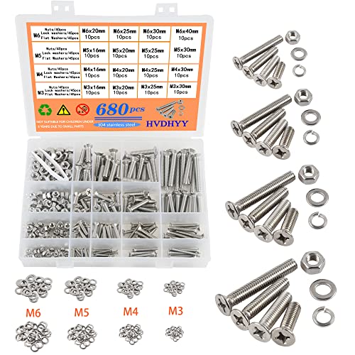 HVDHYY 680Stück Schrauben Set M3 M4 M5 M6 Zylinderschrauben mit Innensechskant Edelstahl-Sechskopf Maschinenschrauben, Unterlegscheiben, Muttern Sortiment Kit Senkkopf mit Aufbewahrungsbox von HVDHYY