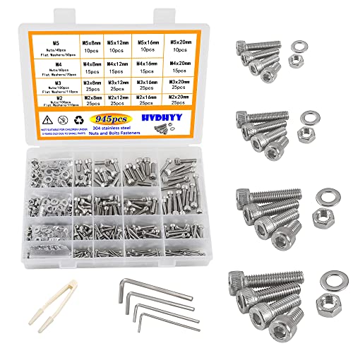 HVDHYY 945pcs M2 M3 M4 M5 Zylinderschrauben mit Innensechskant Schrauben set A2-70 Edelstahl-Sechskopf Maschinenschrauben,Muttern,Unterlegscheiben Sortiment Kit Hex Socket Button mit Aufbewahrungsbox. von HVDHYY