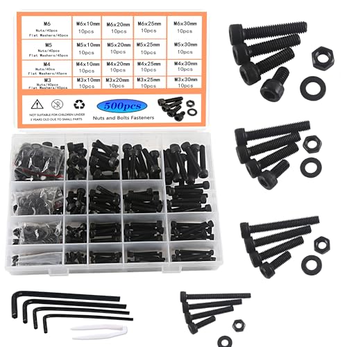 HVDHYY M3 M4 M5 M6 Schrauben und Mutter Set Kohlenstoffstahl Schraube Muttern und Unterlegscheiben Sortiment Kit Schwarz Innensechskant Schrauben Maschinenschrauben mit Aufbewahrungsbox 500Stück von HVDHYY