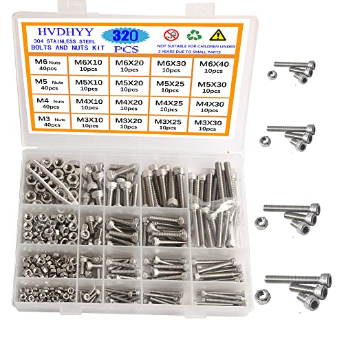 HVDHYY M3 M4 M5 M6 Zylinderschrauben mit Innensechskant Schrauben set A2-70 Edelstahl-Sechskopf Maschinenschrauben,Muttern,Sortiment Kit Hex Socket Button mit Aufbewahrungsbox 320pcs von HVDHYY