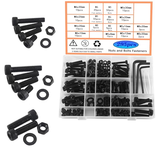 HVDHYY M5 M6 M8 Schrauben und Mutter Set Kohlenstoffstahl Schraube Muttern und Unterlegscheiben Sortiment Kit Schwarz Innensechskant Schrauben Maschinenschrauben mit Aufbewahrungsbox 295Stück von HVDHYY