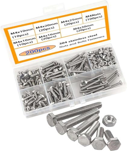 HVDHYY Schrauben Set M4 Sechskantschrauben Metrisch Sechskant Schrauben und Mutter Set 304 Edelstahl Rostfrei Sortiment Kit 200pcs von HVDHYY