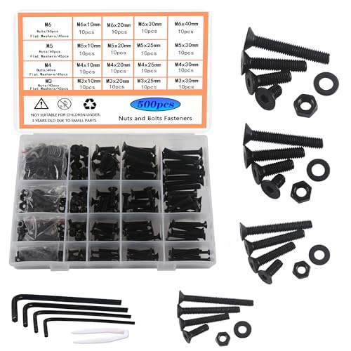 HVDHYY Schrauben und Mutter set M3 M4 M5 M6 aus Kohlenstoffstahl Zylinderschrauben mit Flachkopf Schwarz Maschinenschrauben Muttern und Unterlegscheiben Sortiment kit mit Aufbewahrungsbox 500tück von HVDHYY