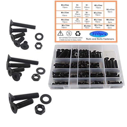 HVDHYY Schrauben und Mutter set M5 M6 M8 aus Kohlenstoffstahl Zylinderschrauben mit Flachkopf Schwarz Maschinenschrauben Muttern und Unterlegscheiben Sortiment kit mit Aufbewahrungsbox 310tück von HVDHYY