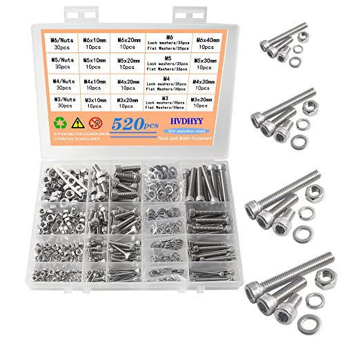 HVDHYY Sets mit Schrauben und Muttern M3 M4 M5 M6 Zylinderschrauben mit Innensechskant A2-70 EdelstahlMuttern,Unterlegscheiben Sortiment Kit Hex Socket Button mit Aufbewahrungsbox 520pcs von HVDHYY