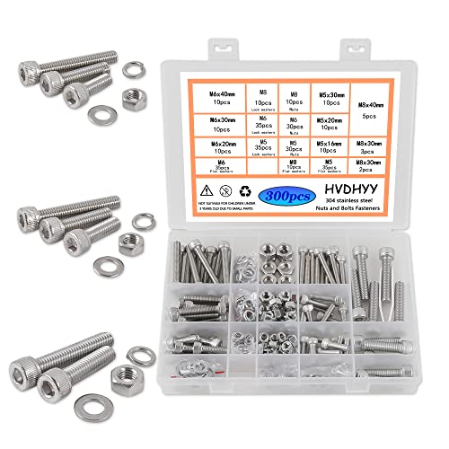 HVDHYY Zylinderschrauben mit Innensechskant M5 M6 M8 Schrauben set A2-70 Edelstahl-Sechskopf Maschinenschrauben,Muttern,Unterlegscheiben Sortiment Kit Hex Socket Button mit Aufbewahrungsbox 300pcs von HVDHYY