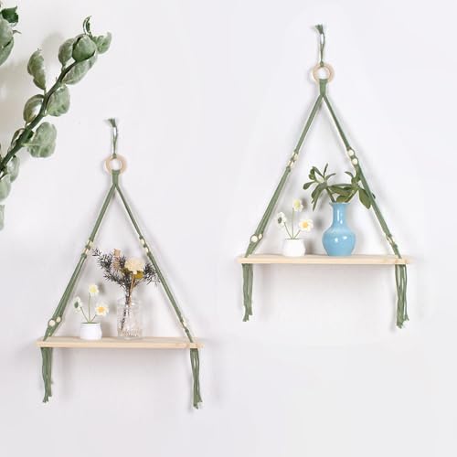 HVEST Grünes Hängeregal 2er Set, Boho Wanddekoration, Schweberegale für Pflanzen, Fotos, Bücher, Bauernhaus Rustikales Holz Pflanzenregal für Schlafzimmer Badezimmer Wohnzimmer Wohnheim Kinderzimmer HVEST Grünes Hängeregal 2er Set, Boho Wanddekoration, Schweberegale für Pflanzen, Fotos, Bücher, Bauernhaus Rustikales Holz Pflanzenregal für Schlafzimmer Badezimmer Wohnzimmer Wohnheim Kinderzimmer von HVEST