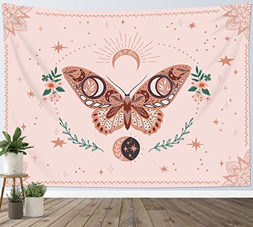 HVEST Schmetterling-Wandteppich, rosa Blumenpflanze, botanische Wandteppiche, Wandbehang, Bohemia, Mandala, Wandteppich, Trippy Star Mond, Wanddekoration, 152x101 cm (BxH) von HVEST