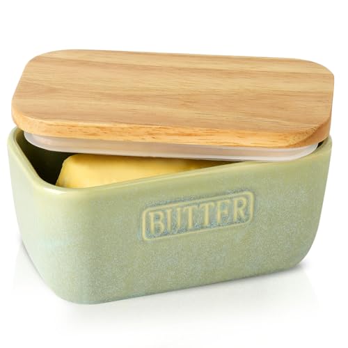 HVH Butterdose aus Keramik mit Deckel für Arbeitsplatte, luftdichter Butterbehälter mit Holzdeckel, Butterbehälter mit Deckel, Butterhalter für Ost-Westküsten-Butter (Türkis, 6 x 3,5 x 2,7) von HVH