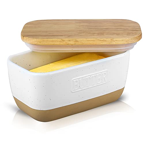 HVH Butterdose aus Keramik mit Deckel für Arbeitsplatte, luftdichter Butterbehälter mit Holzdeckel, Butterdosen mit Abdeckungen, Keramik-Butterbehälter, für Ost-Westküsten-Butter, Bauernhaus-Stil HVH Butterdose aus Keramik mit Deckel für Arbeitsplatte, luftdichter Butterbehälter mit Holzdeckel, Butterdosen mit Abdeckungen, Keramik-Butterbehälter, für Ost-Westküsten-Butter, Bauernhaus-Stil von HVH