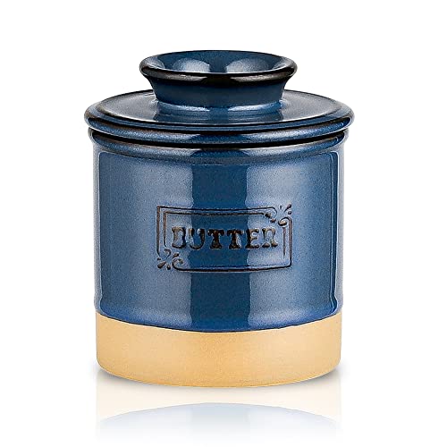 HVH Buttertopf aus Keramik, französische Butterdose mit Deckel für Arbeitsplatte, Butterbehälter für Theke, Buttertopf mit Wasser, Butterhalter für weiche Butter, Bauernhaus-Stil (blau) von HVH