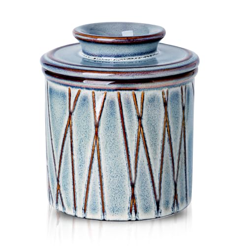 HVH Buttertopf aus Keramik, französische Butterdose mit Deckel für Arbeitsplatte, Buttertopf mit Wasser, Butterbehälter für Theke, Butterhalter für weiche Butter (Wabi Sabi) von HVH