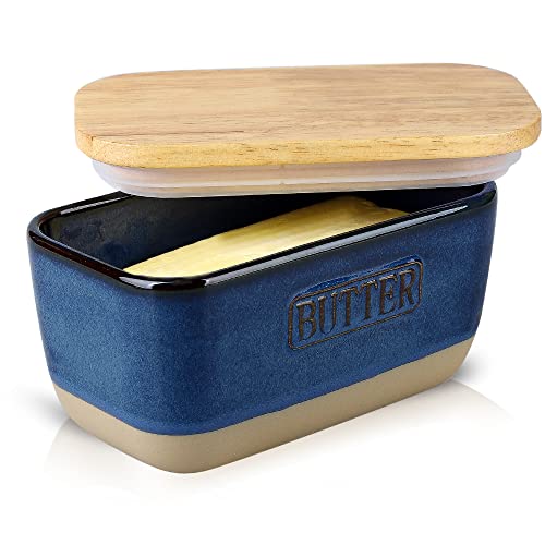 HVH Keramik-Butterdose mit Deckel für Arbeitsplatte, luftdichter Butterbehälter mit Holzdeckel, Butterdosen mit Deckeln, Keramik-Butterbehälter für Ostwestküstenbutter, Bauernhausstil (blau) von HVH