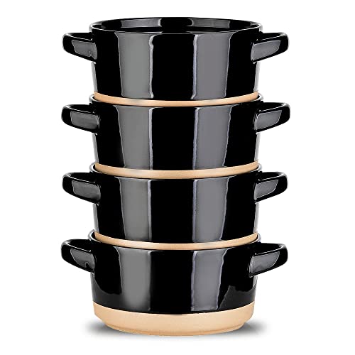HVH Suppenschalen mit Griffen, mikrowellengeeignet, Keramik-Suppenschüssel, 4er-Set, 680 ml, große Suppenschüssel für Suppe, Müsli, französische Zwiebelsuppenschüsseln, Bauernhaus-Stil (schwarz) von HVH
