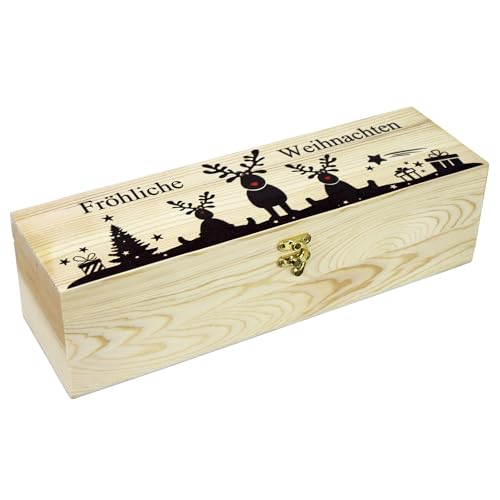 HW HOLZKISTEN-WELT 1er Weinkiste aus Holz mit Bügelverschluss und Aufdruck Fröhliche Weihnachten von HW HOLZKISTEN-WELT