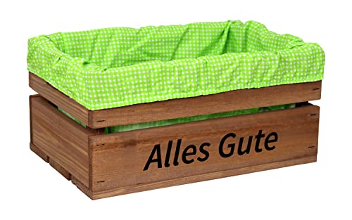 HW HOLZKISTEN-WELT Holzkiste Braun mit Aufdruck Alles Gute mit Stoffeinlage Grün Weiß - Stiege Steige Geschenkverpackung Präsentkorb Geschenk von HW HOLZKISTEN-WELT