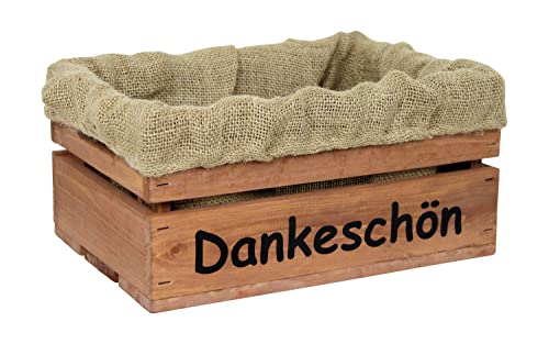 HW HOLZKISTEN-WELT Holzkiste Braun mit Aufdruck Dankeschön mit Juteeinlage - Stiege Steige Geschenkverpackung Präsentkorb Geschenk von HW HOLZKISTEN-WELT