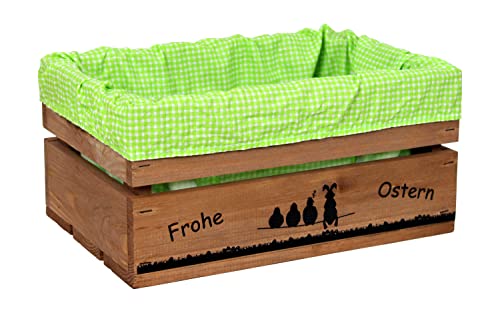 HW HOLZKISTEN-WELT Holzkiste Braun mit Aufdruck Frohe Ostern Hase auf Leitung mit Stoffeinlage Grün Weiß - Osterkiste Geschenkverpackung Präsentkorb Geschenk von HW HOLZKISTEN-WELT