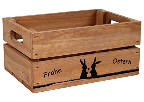 HW HOLZKISTEN-WELT Holzkiste Braun mit Aufdruck Frohe Ostern Hasenpärchen - Osterkiste Geschenkverpackung Präsentkorb Geschenk von HW HOLZKISTEN-WELT