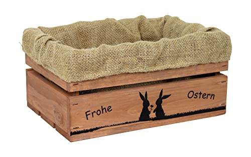 HW HOLZKISTEN-WELT Holzkiste Braun mit Aufdruck Frohe Ostern Hasenpärchen mit Juteeinlage - Osterkiste Geschenkverpackung Präsentkorb Geschenk von HW HOLZKISTEN-WELT