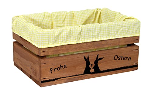 HW HOLZKISTEN-WELT Holzkiste Braun mit Aufdruck Frohe Ostern Hasenpärchen mit Stoffeinlage Gelb Weiß - Osterkiste Geschenkverpackung Präsentkorb Geschenk von HW HOLZKISTEN-WELT