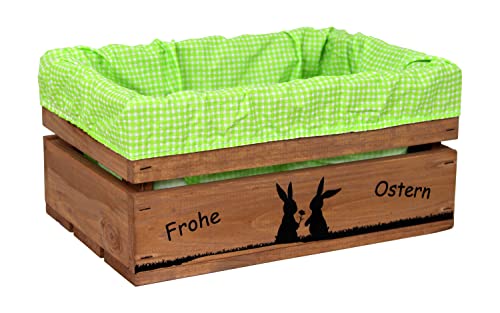 HW HOLZKISTEN-WELT Holzkiste Braun mit Aufdruck Frohe Ostern Hasenpärchen mit Stoffeinlage Grün Weiß - Osterkiste Geschenkverpackung Präsentkorb Geschenk von HW HOLZKISTEN-WELT