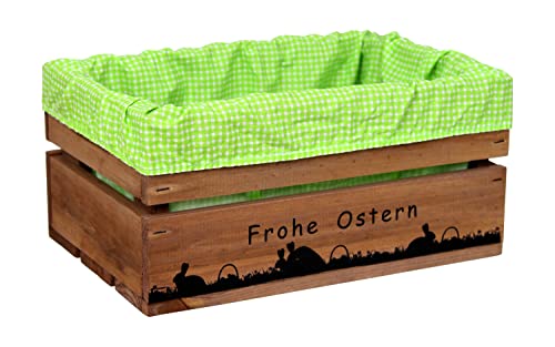 HW HOLZKISTEN-WELT Holzkiste Braun mit Aufdruck Frohe Ostern Paarungszeit mit Stoffeinlage Grün Weiß - Osterkiste Geschenkverpackung Präsentkorb Geschenk von HW HOLZKISTEN-WELT