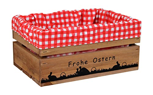 HW HOLZKISTEN-WELT Holzkiste Braun mit Aufdruck Frohe Ostern Paarungszeit mit Stoffeinlage Rot Weiß - Osterkiste Geschenkverpackung Präsentkorb Geschenk von HW HOLZKISTEN-WELT