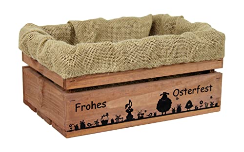 HW HOLZKISTEN-WELT Holzkiste Braun mit Aufdruck Frohes Osterfest Hase Schaf mit Juteeinlage - Osterkiste Geschenkverpackung Präsentkorb Geschenk von HW HOLZKISTEN-WELT