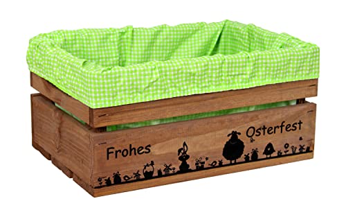 HW HOLZKISTEN-WELT Holzkiste Braun mit Aufdruck Frohes Osterfest Hase Schaf mit Stoffeinlage Grün Weiß - Osterkiste Geschenkverpackung Präsentkorb Geschenk von HW HOLZKISTEN-WELT