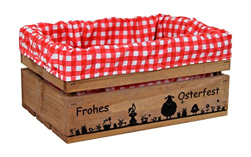 HW HOLZKISTEN-WELT Holzkiste Braun mit Aufdruck Frohes Osterfest Hase Schaf mit Stoffeinlage Rot Weiß - Osterkiste Geschenkverpackung Präsentkorb Geschenk von HW HOLZKISTEN-WELT
