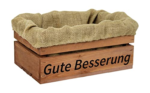 HW HOLZKISTEN-WELT Holzkiste Braun mit Aufdruck Gute Besserung mit Juteeinlage - Stiege Steige Geschenkverpackung Präsentkorb Geschenk von HW HOLZKISTEN-WELT