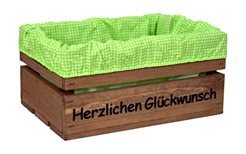 HW HOLZKISTEN-WELT Holzkiste Braun mit Aufdruck Herzlichen Glückwunsch mit Stoffeinlage Grün Weiß - Stiege Steige Geschenkverpackung Präsentkorb Geschenk von HW HOLZKISTEN-WELT