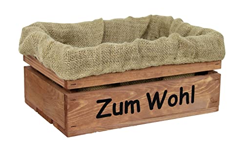 HW HOLZKISTEN-WELT Holzkiste Braun mit Aufdruck Zum Wohl mit Juteeinlage - Stiege Steige Geschenkverpackung Präsentkorb Geschenk von HW HOLZKISTEN-WELT