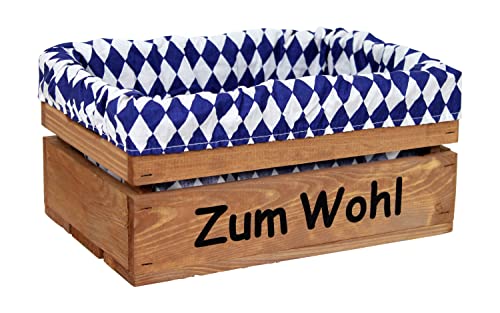 HW HOLZKISTEN-WELT Holzkiste Braun mit Aufdruck Zum Wohl mit Stoffeinlage Blau Weiß - Stiege Steige Geschenkverpackung Präsentkorb Geschenk von HW HOLZKISTEN-WELT