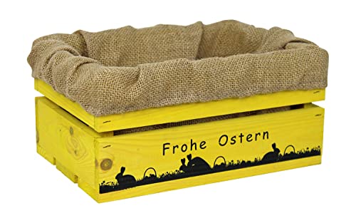 HW HOLZKISTEN-WELT Holzkiste Gelb mit Aufdruck Frohe Ostern Paarungszeit mit Juteeinlage - Osterkiste Geschenkverpackung Präsentkorb Geschenk von HW HOLZKISTEN-WELT
