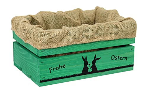 HW HOLZKISTEN-WELT Holzkiste Grün mit Aufdruck Frohe Ostern Hasenpärchen mit Juteeinlage - Osterkiste Geschenkverpackung Präsentkorb Geschenk von HW HOLZKISTEN-WELT