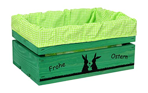 HW HOLZKISTEN-WELT Holzkiste Grün mit Aufdruck Frohe Ostern Hasenpärchen mit Stoffeinlage Grün Weiß - Osterkiste Geschenkverpackung Präsentkorb Geschenk von HW HOLZKISTEN-WELT