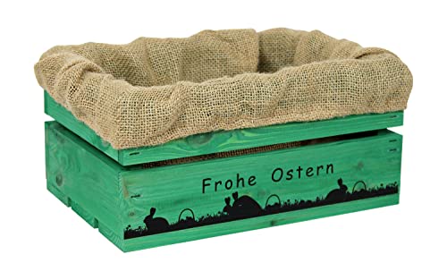 HW HOLZKISTEN-WELT Holzkiste Grün mit Aufdruck Frohe Ostern Paarungszeit mit Juteeinlage - Osterkiste Geschenkverpackung Präsentkorb Geschenk von HW HOLZKISTEN-WELT