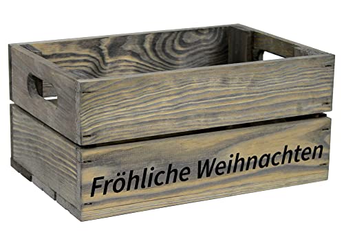 HW HOLZKISTEN-WELT Holzkiste Hellgrau mit Aufdruck Fröhliche Weihnachten - Stiege Steige Geschenkverpackung Präsentkorb Geschenk von HW HOLZKISTEN-WELT