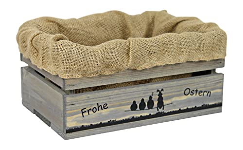 HW HOLZKISTEN-WELT Holzkiste Hellgrau mit Aufdruck Frohe Ostern Hase auf Leitung mit Juteeinlage - Osterkiste Geschenkverpackung Präsentkorb Geschenk von HW HOLZKISTEN-WELT
