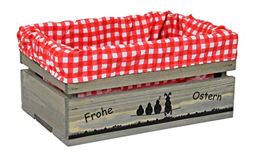 HW HOLZKISTEN-WELT Holzkiste Hellgrau mit Aufdruck Frohe Ostern Hase auf Leitung mit Stoffeinlage Rot Weiß - Osterkiste Geschenkverpackung Präsentkorb Geschenk von HW HOLZKISTEN-WELT