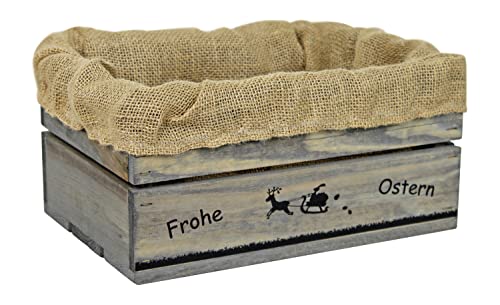 HW HOLZKISTEN-WELT Holzkiste Hellgrau mit Aufdruck Frohe Ostern Hase mit Schlitten mit Juteeinlage - Osterkiste Geschenkverpackung Präsentkorb Geschenk von HW HOLZKISTEN-WELT
