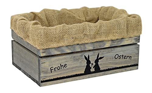 HW HOLZKISTEN-WELT Holzkiste Hellgrau mit Aufdruck Frohe Ostern Hasenpärchen mit Juteeinlage - Osterkiste Geschenkverpackung Präsentkorb Geschenk von HW HOLZKISTEN-WELT
