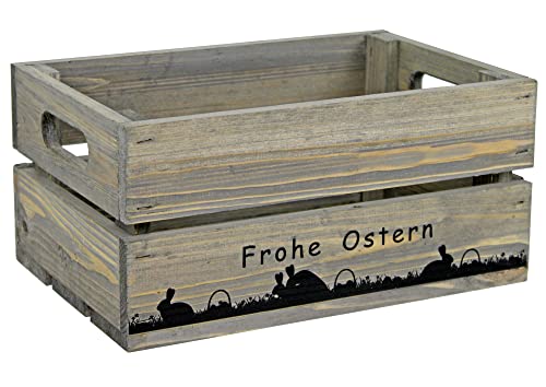 HW HOLZKISTEN-WELT Holzkiste Hellgrau mit Aufdruck Frohe Ostern Paarungszeit - Osterkiste Geschenkverpackung Präsentkorb Geschenk von HW HOLZKISTEN-WELT