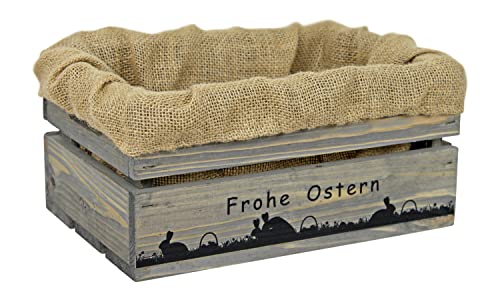 HW HOLZKISTEN-WELT Holzkiste Hellgrau mit Aufdruck Frohe Ostern Paarungszeit mit Juteeinlage - Osterkiste Geschenkverpackung Präsentkorb Geschenk von HW HOLZKISTEN-WELT