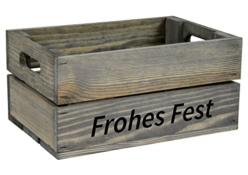 HW HOLZKISTEN-WELT Holzkiste Hellgrau mit Aufdruck Frohes Fest - Stiege Steige Geschenkverpackung Präsentkorb Geschenk von HW HOLZKISTEN-WELT