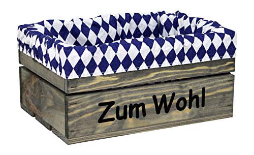 HW HOLZKISTEN-WELT Holzkiste Hellgrau mit Aufdruck Zum Wohl mit Stoffeinlage Blau Weiß - Stiege Steige Geschenkverpackung Präsentkorb Geschenk von HW HOLZKISTEN-WELT