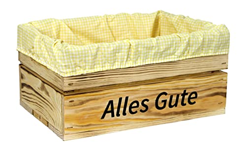 HW HOLZKISTEN-WELT Holzkiste Natur Geflammt mit Aufdruck Alles Gute mit Stoffeinlage Gelb Weiß - Stiege Steige Geschenkverpackung Präsentkorb Geschenk von HW HOLZKISTEN-WELT